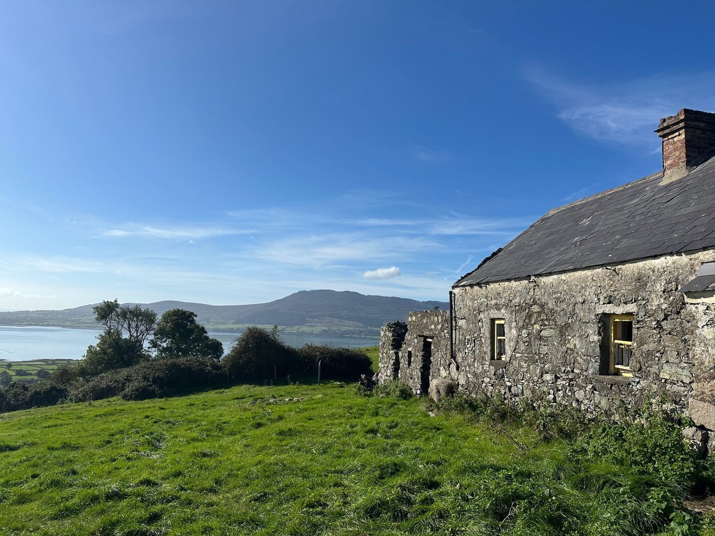 Stone cottage overlooking Carlingford Lough and the mountains